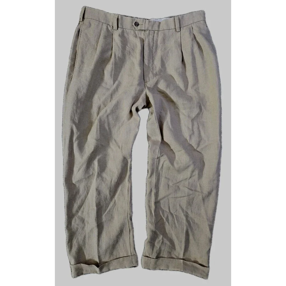Jos A Bank Pants Mens 40 Beige Linen Travelers Pleated Cuffed